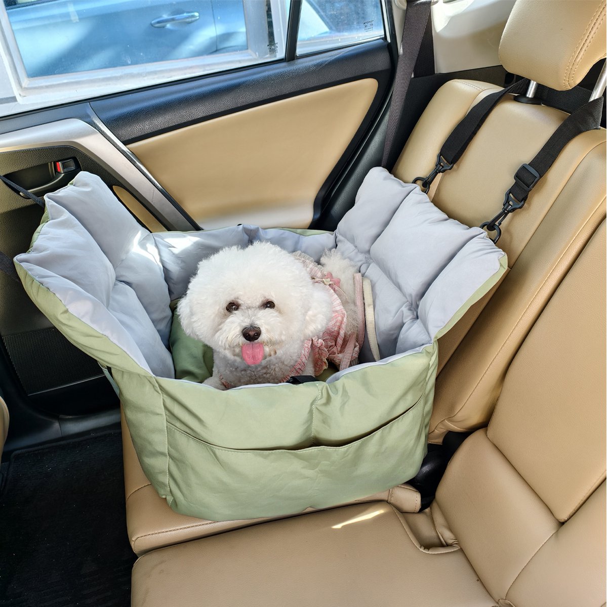 BingoPaw Honden Autostoel Draagtas – Huisdier Verhoogd Autostoelbed – Reisdraagtas met Veiligheidsriem – Opbergvak voor Auto’s met Schouderriem voor Kleine en Middelgrote Honden tot 10 kg – Groen