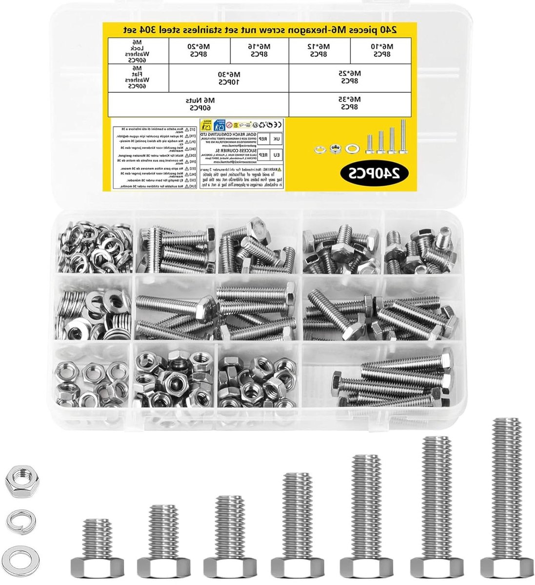EGoods - 240-delige M6 Schroeven Set van Roestvrij Staal met Veerringen en Sluitringen - Zeskantbouten en Moeren Assortiment