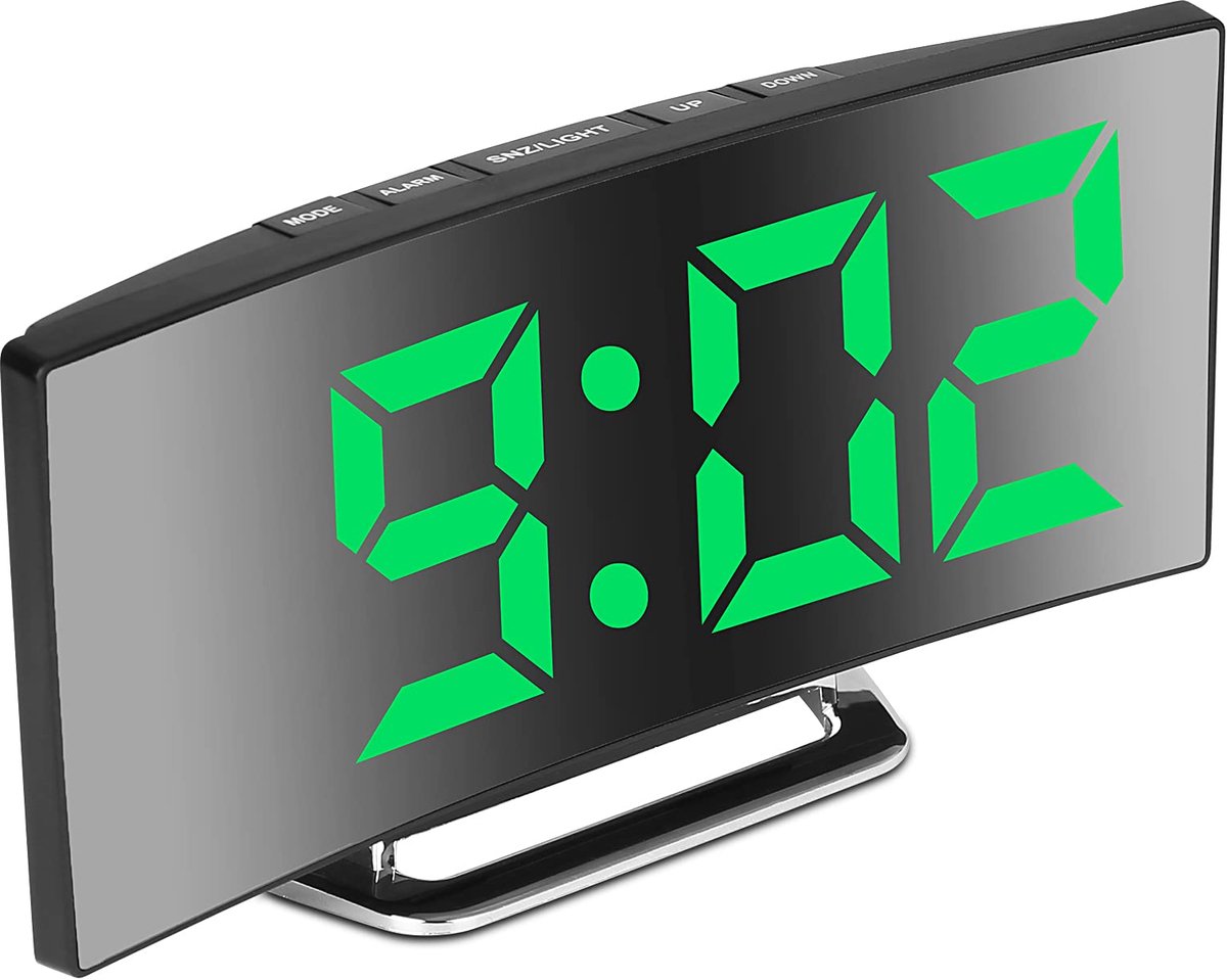 longziming -Digitale Wekker voor in de Slaapkamer – Digitale Wekker – Groot LED Display – Snooze Functie – Dimbaar Licht – Gebogen Ontwerp – Groen Licht