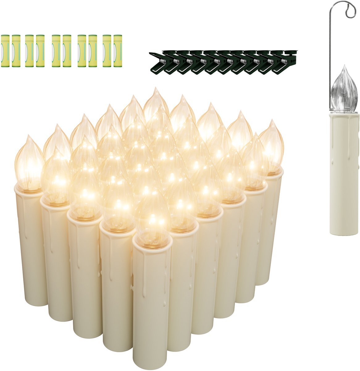 NAIZY 30-delige LED-kerstboomkaarsen, draadloze drijvende kerstkaarsen, vlamloos met afstandsbediening, op batterijen, warm witte kerstboomverlichting met haken, clips en batterij Met batterij