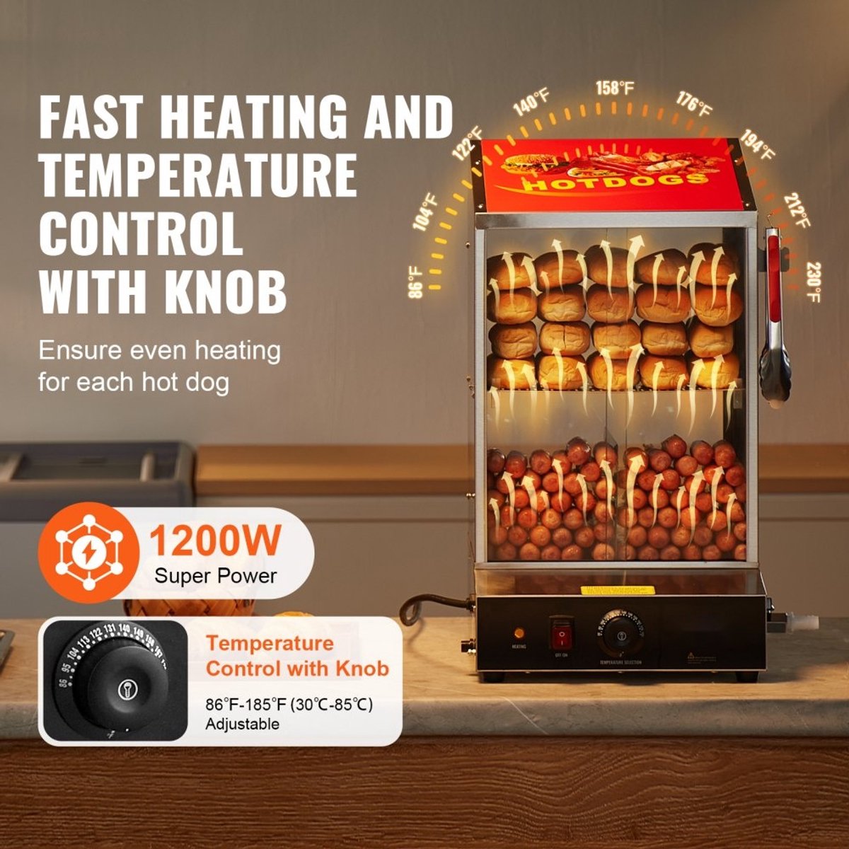 Hotdogstomer - Elektrisch 2-laags Model - Inhoud 37 L - Temperatuur 30–85 °C - Schuifdeuren van Gehard Glas - Roestvrij Staal - Met Broodjeswarmer