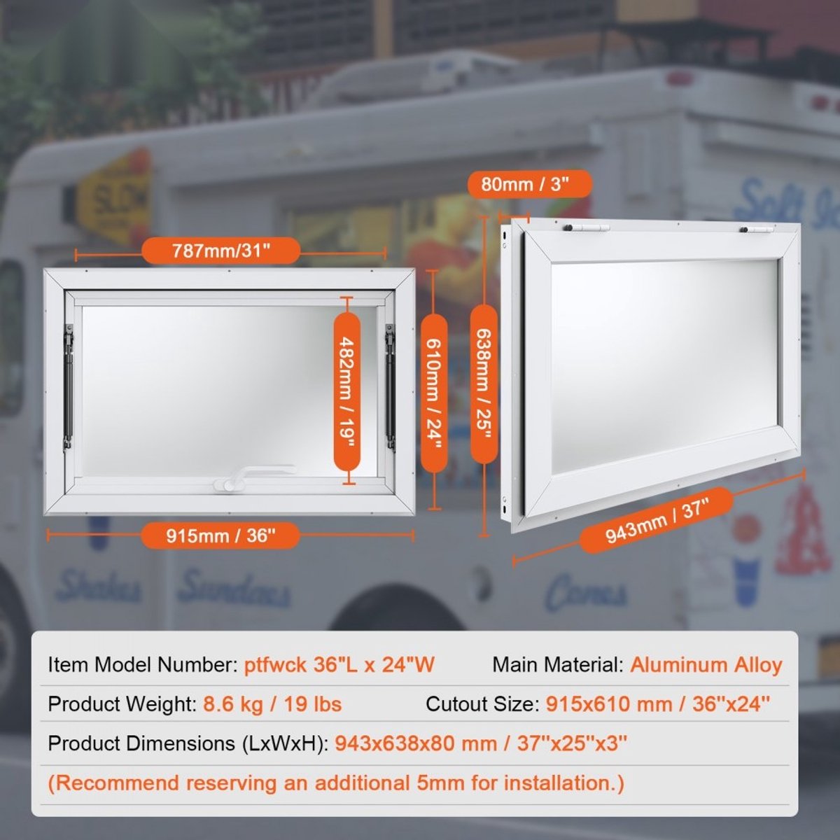 Foodtruck Raam - Serveerraam (Service Raam) 91 x 61 cm - Aluminium - Met Luifeldeur - Opent tot 85° - Met Trekhaak - Zonder Glas - Voor Foodtrucks & Trailers