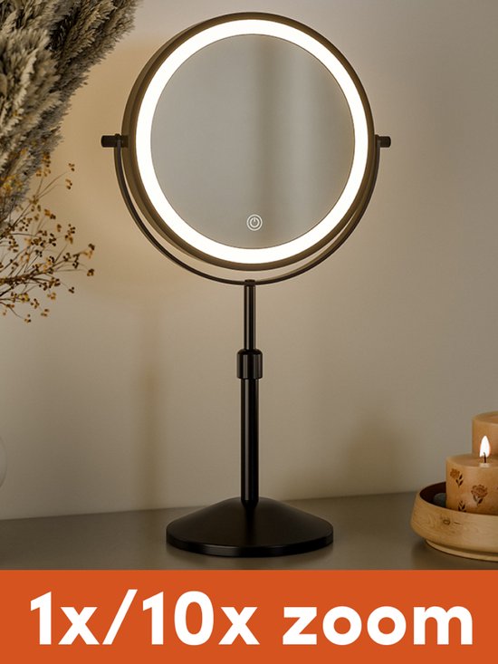 Nolt Make Up Spiegel met LED Verlichting - 1X/10X Vergrootspiegel - Scheerspiegel - Vanity Licht - 3 Lichtstanden - Oplaadbaar - Zwart