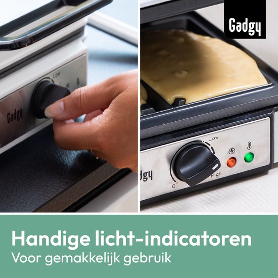 Collage van een hand die de temperatuurknop van een wafelmaker instelt en een wafelmaker met een groen "klaar" indicatielampje.