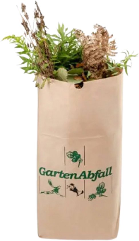 Sac brun en papier pour déchets verts rempli de débris végétaux. Inscription verte 'GartenAbfall'.