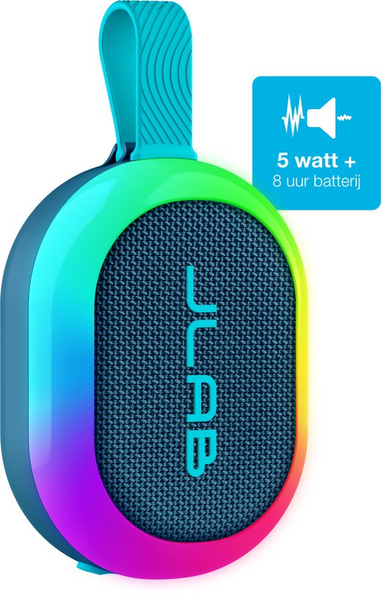 Bluetooth speaker JLab Pop mini draadloos draagbaar 5W IPX5 waterdicht 8 uur batterij RGB licht blauw