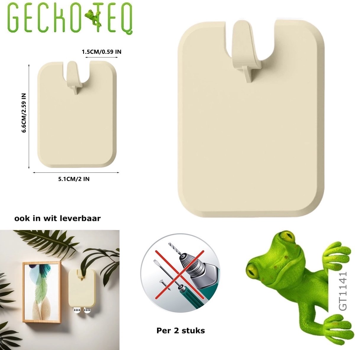 GT1141 GeckoTeq 2 stuks zelfklevende wandhaken in crême – strak, sterk en eenvoudig te monteren - 2,5kg draagvermogen