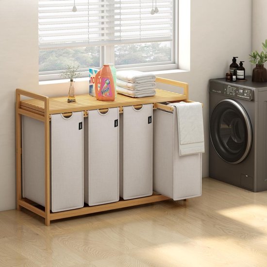 AdelDream Wasmand, 4 Vakken, Wasverzamelaar, 140 Liter, Wasboxen Met Mand Wassorteerder 2 Waszakken En Stoffen Boxen Plank Bamboe Wasrek Donkergrijs 2341209983