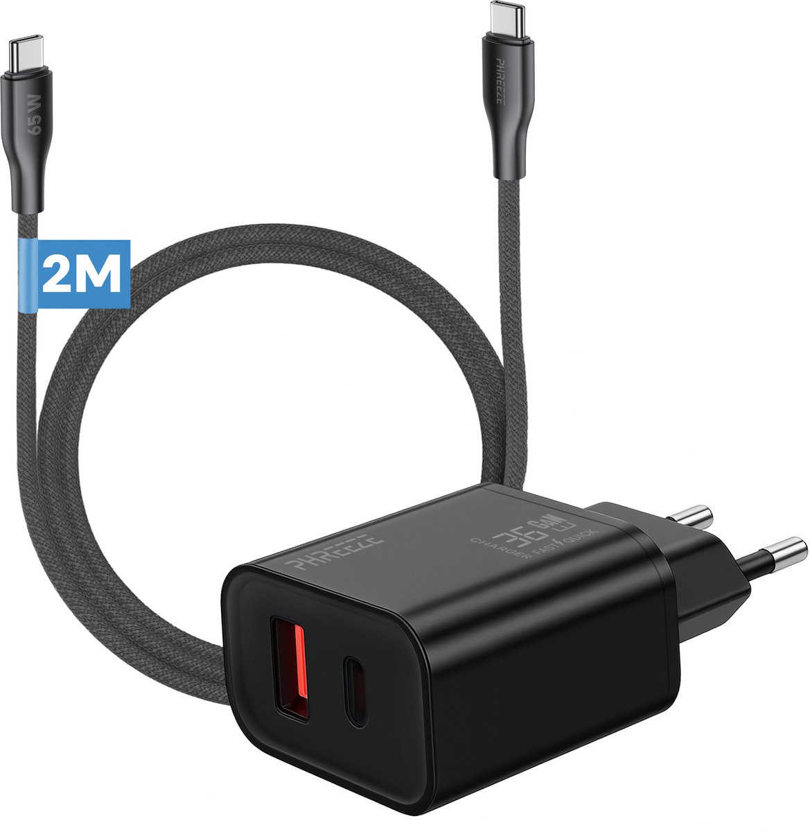 Phreeze usb C adapter 35w - Usb c kabel 2 meter - Power Delivery oplader voor telefoon en laptop
