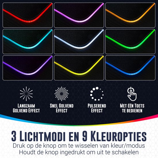 9 kleuropties en 3 lichtmodi voor de RGB LED-randverlichting van de muismat: langzaam golvend, snel golvend, pulserend. Bediening met één toets.