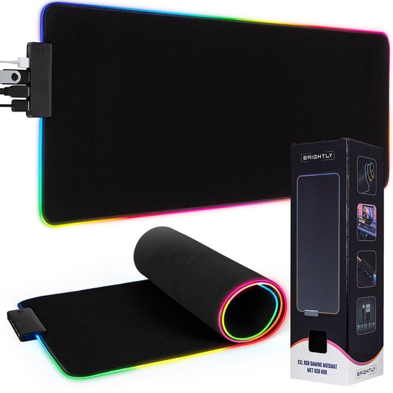 Brightly® 4-in-1 RGB Gaming Muismat XXL Met USB Hub - LED Verlichting Muismat - USB Hub - Splitter - USB - Antislip Muismat - 80 cm x 30 cm - Waterproof - Gaming Muismat - Extra Breed en Lang - Zwart