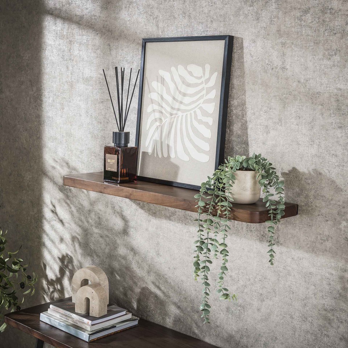 PS-Collection Wandplank Carve 90 cm - Massief Acaciahout Bruin - wandplank, wandrek industrieel, wandrek metaal zwart, wandrek rond, wandrekken, wandplank zwevend, wandplank hout