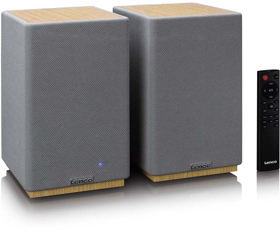 Lenco SPB-241WDGY Bluetooth 5.3 boekenplank speakers 2x40W stereo set met Class D versterker, RCA, USB, hout/grijs