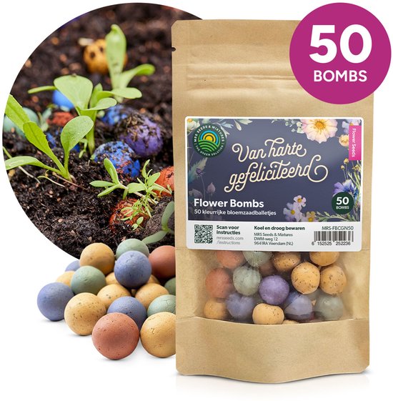 Flower Bombs - Zaadbommen mix - Van harte gefeliciteerd! - 50 stuks - Biologische wilde bloemzaden - Handgemaakte bloembommetjes - Leuk cadeau of relatiegeschenk