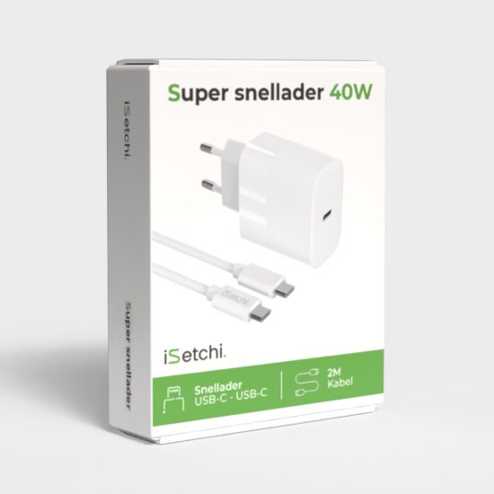 Verpakking van de iSetchi 40W USB-C snellader met 2M kabel.