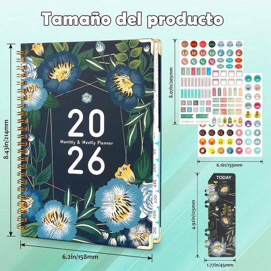 Agenda 2026 – Januari tot december – Spiraalgebonden dubbele wire-o – 360° omslaan – Met metalen hoekbeschermers – 21,7 x 15,8 cm – Bloemen omslag (één boek)