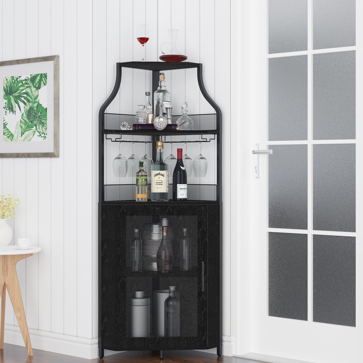 Brisakys - Hoekbarkast - Wijnkast - Industrieel - Metaal - Gaasdeuren - Verstelbare Plank - Anti-Kantelset - 45x45x150cm - Zwart