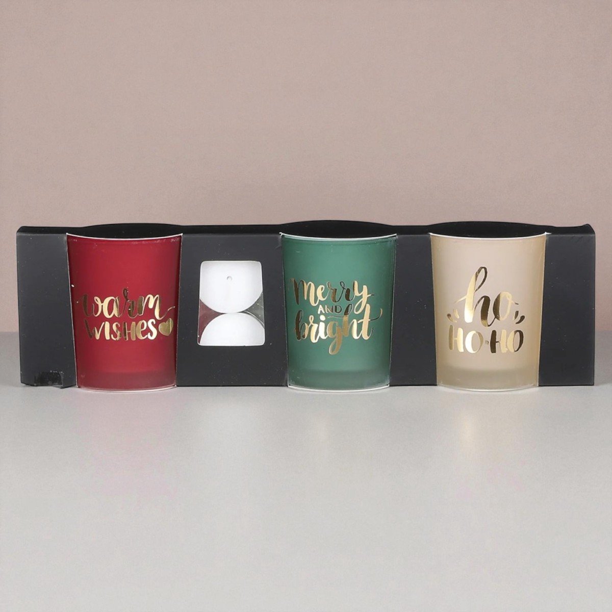House of Seasons Theelichthouder - Set van 3 - H8 x Ø7 cm - Rood, Groen, Off White