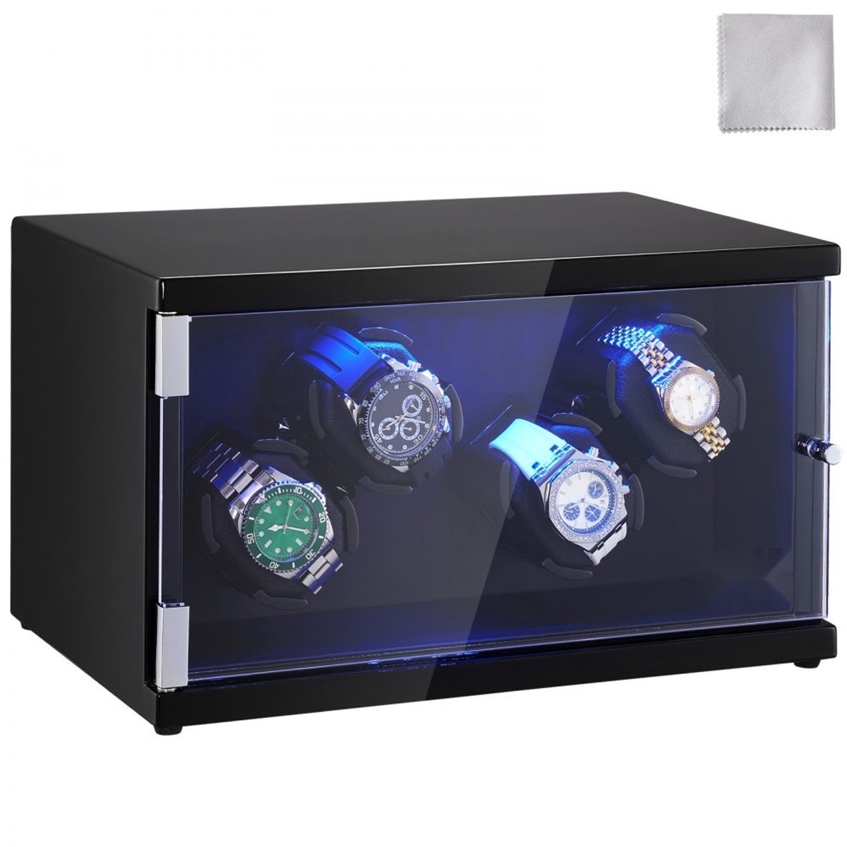 Horlogeopwinder - Automatische Watchwinder - Voor 4 Horloges - LED-Verlichting - Max. Bandlengte 20 cm - Zwart