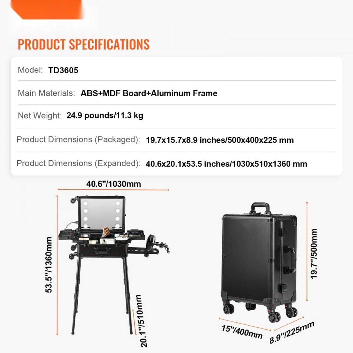 Make-upkoffer - Make-uptas - Afmeting 103 x 51 x 136 cm - ABS + MDF - Aluminium Frame - Voor Kappers & Make-upstudio's