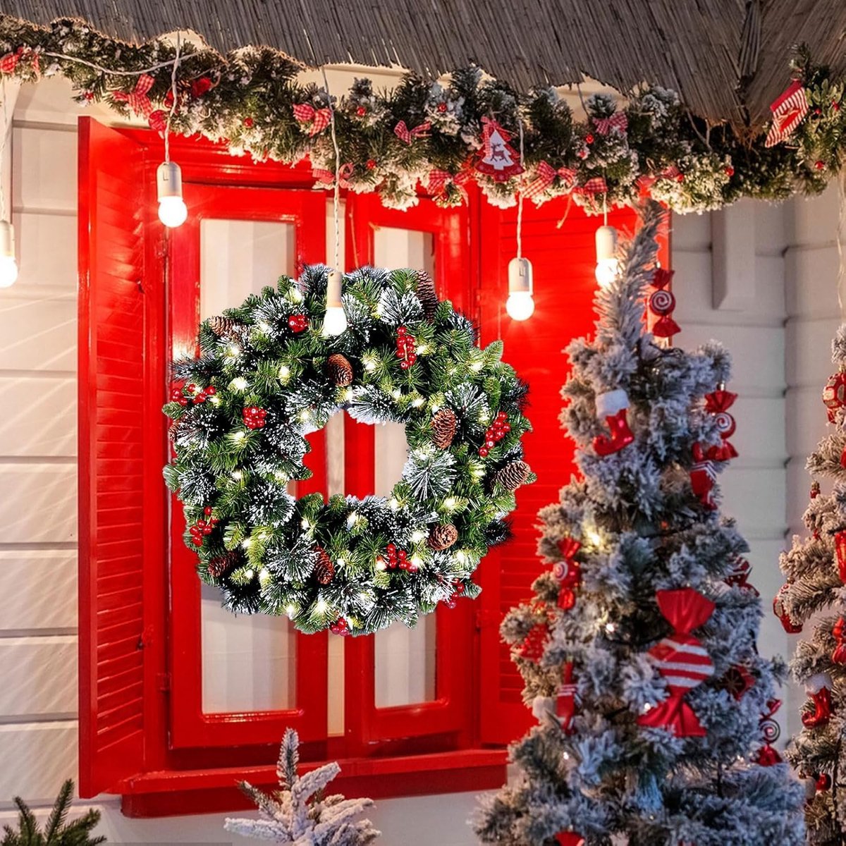 Kerstkrans - 40 cm - Voordeurdecoratie met LED-verlichting - Kerstbal - Feestdecoratie - Geschikt voor ramen, open haarden, kerstversiering - Groen – foto 7