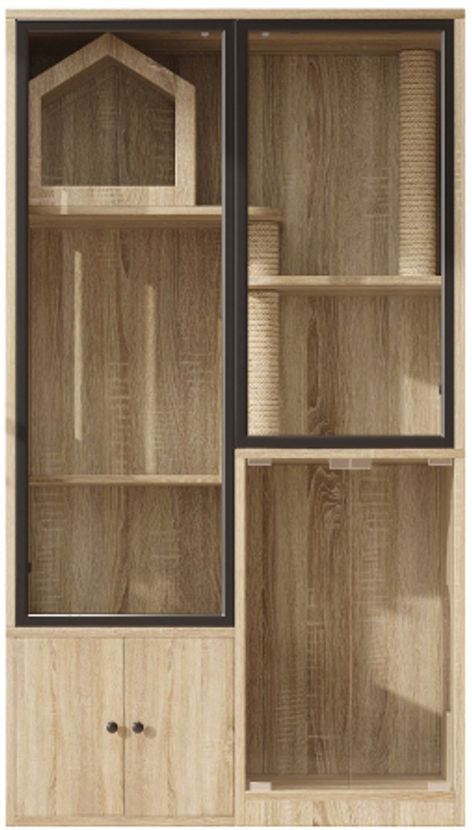Kattenbakmeubel 90×50×160cm Kattenhuis Kattenbakkast Natuurlijke Kleur MDF Glas Vierlaagse Grote Kattenren Winterbestendig Met Krabpaal En Opbergruimte Voor Kleine Huisdieren Huisdiervriendelijk