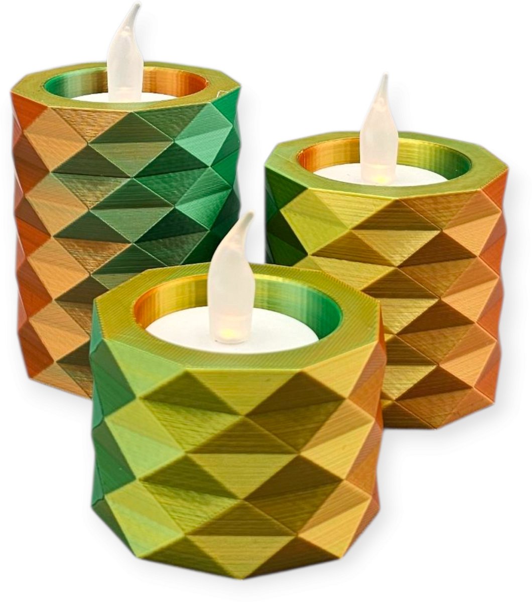 Layerzz - 3D-geprinte waxinelichthouders met LED lichtjes – moderne sfeerverlichting (niet geschikt tegen hitte) - set van 3 - meerkleurig Fire night goud groen geel