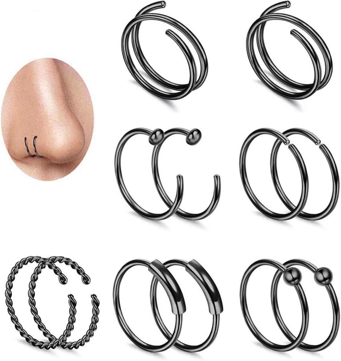EGoods - Neusring Hoepel 20G voor Vrouwen en Mannen | Roestvrij Staal Dubbele Neusring | Kraakbeen, Helix, Tragus, Lip Ringen | Spiraal Neuspiercing Sieraden