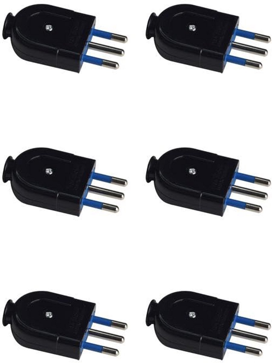 6 Stuks Elektrische Stekkers 2P+T 250V - Platte Italiaanse Stekker met Rechthoekige Kabeluitgang