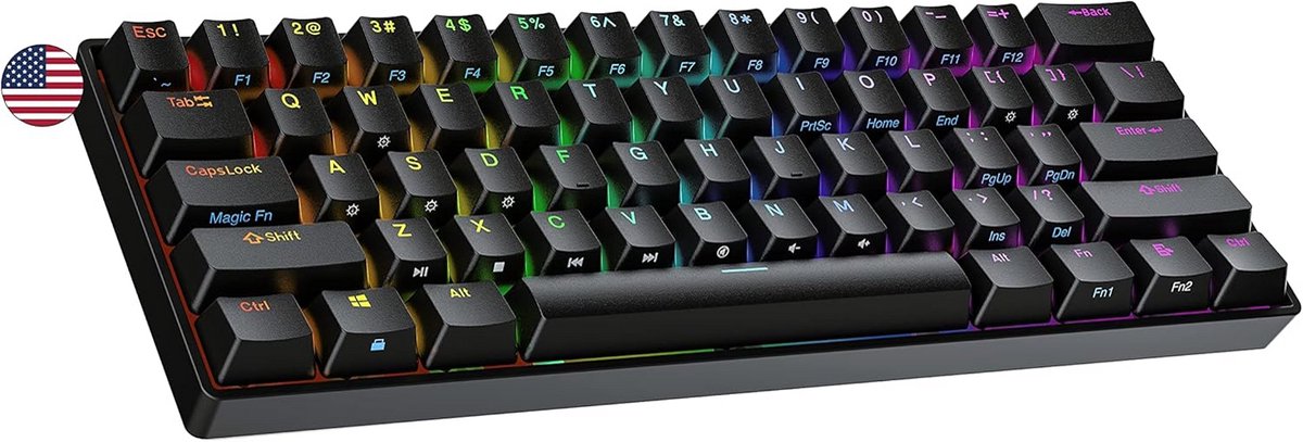 60% Mechanisch Gaming Toetsenbord 61 Toetsen Hot-swappable RGB | PBT Doubleshot Keycaps | QWERTY VS Indeling