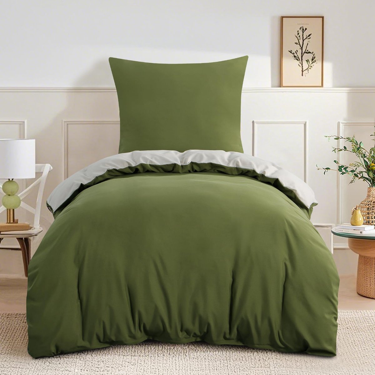 Unyqoos Omkeerbaar en strijkvrij beddengoedset met ritssluiting in olijfgroen en beige Olijfgroen Beige
