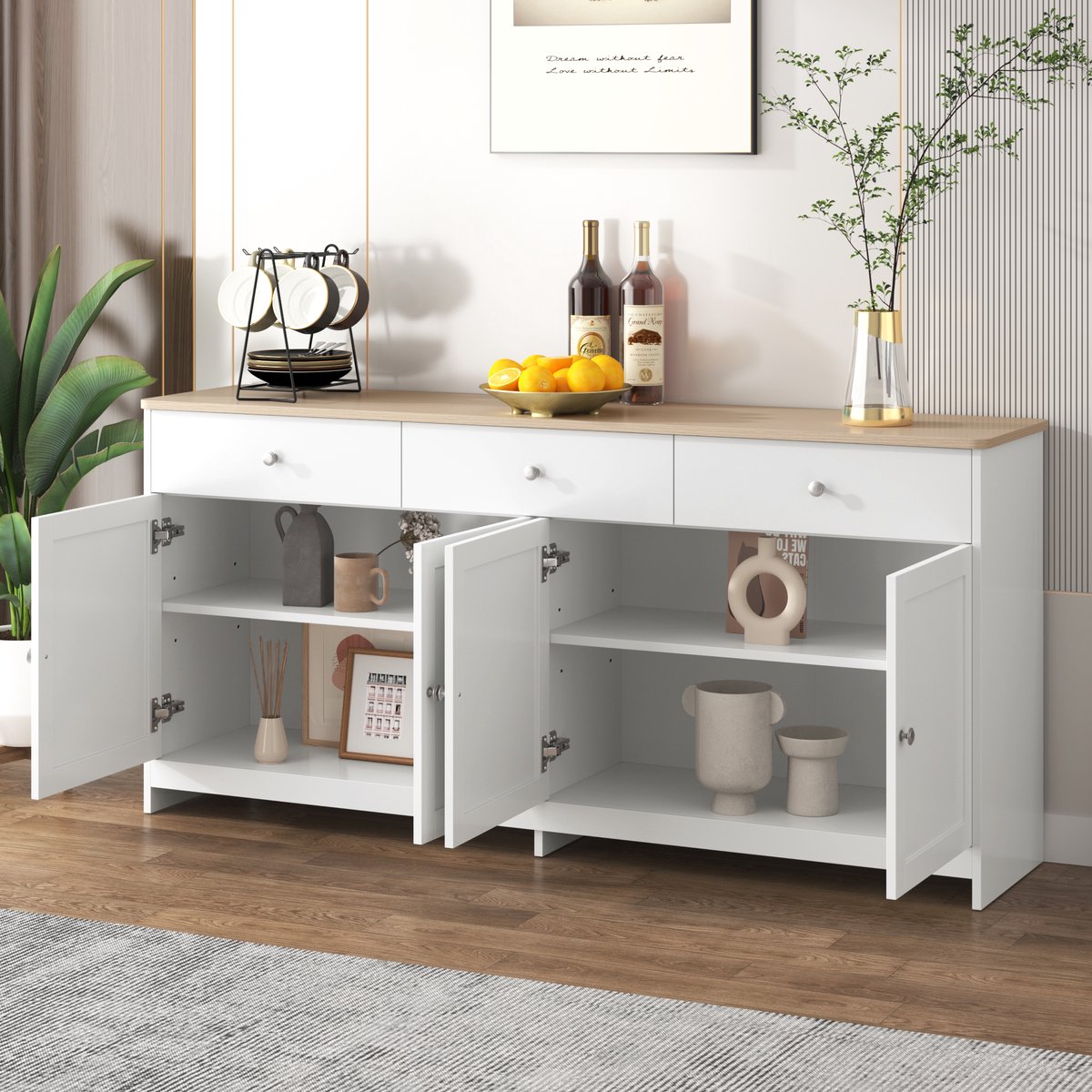 STILVORA Dressoir – Landhuisstijl Buffetkast Met Houtkleurige Bovenkant, 4 Deuren En 3 Lades – Verstelbare Planken – MDF – 160x37x75 cm – Wit
