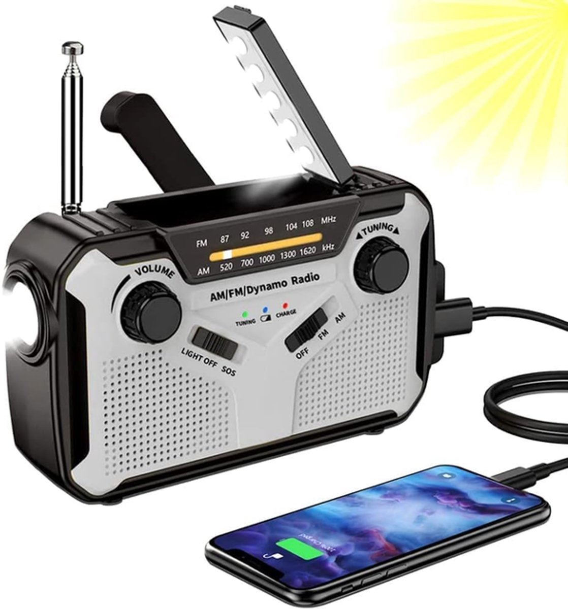 Noodradio - noodradio solar opwindbaar - Radio- draagbare radio - noodradio op batterijen - Oplaadbare radio - 2500mAh - Grijs