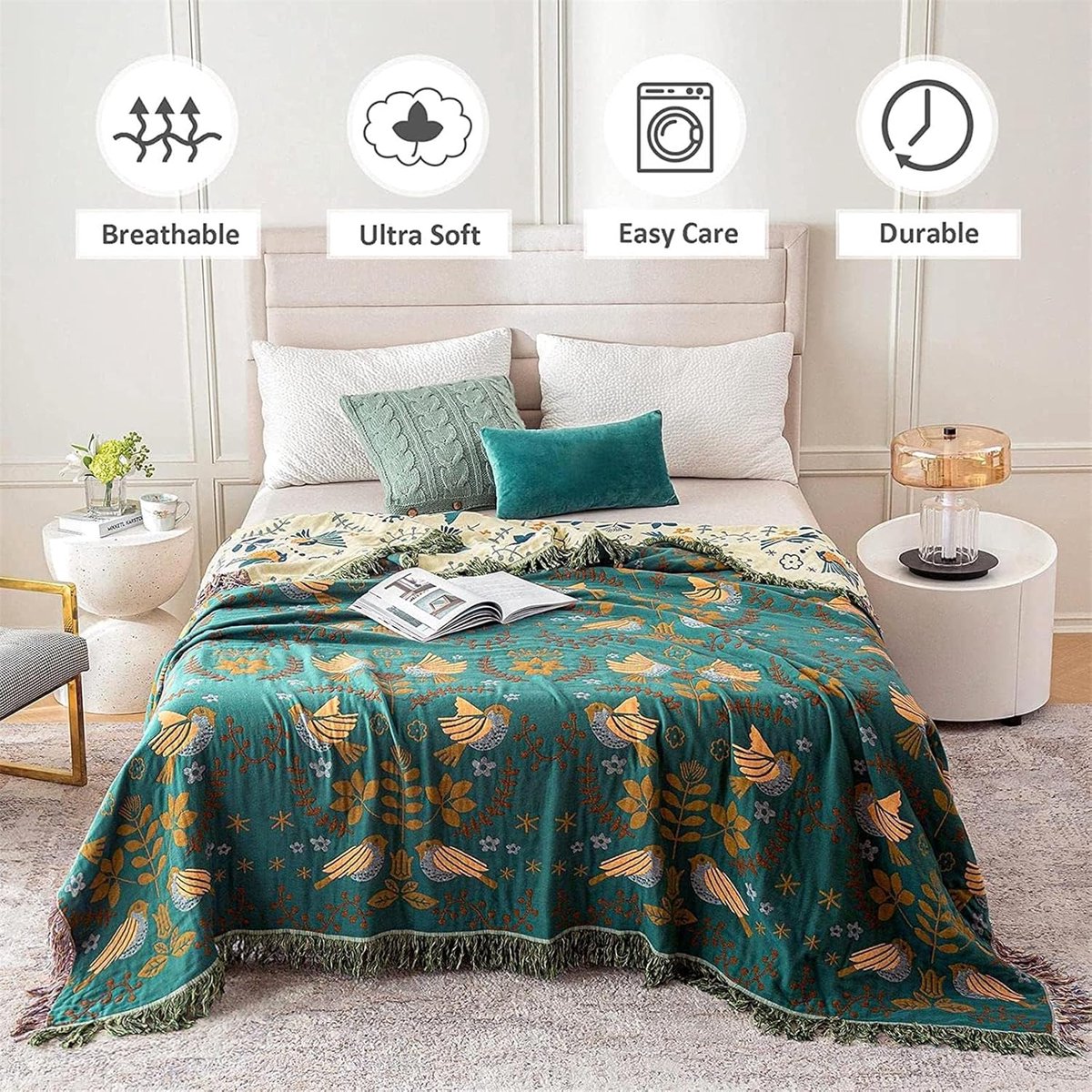 Sofa plaid - Bedsprei - bank deken - Deken - Vogel- en bloemenprint - 150×200cm - Katoen - Groen — cadeau in Wonen & Interieur - foto 3