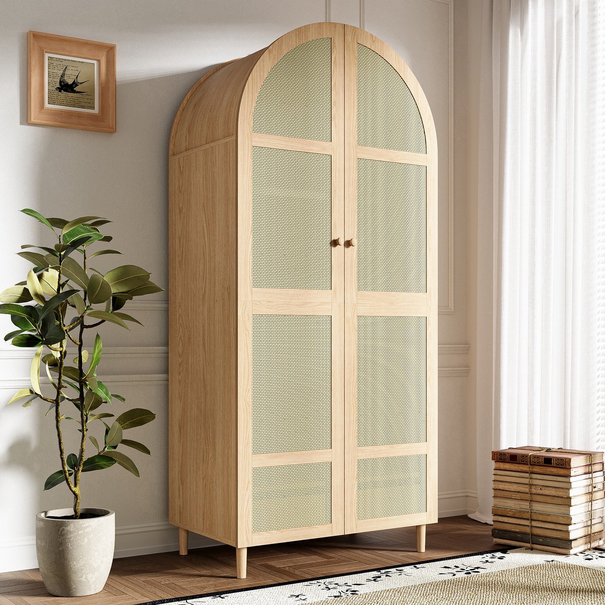 OKWISH Kledingkast – Modern Gebogen Deuren – Met Rattan Deurpanelen En Lades – 80x50x179 cm – Ruime Opbergruimte Voor Slaapkamer/Hal – MDF;Spaanplaat Naturel