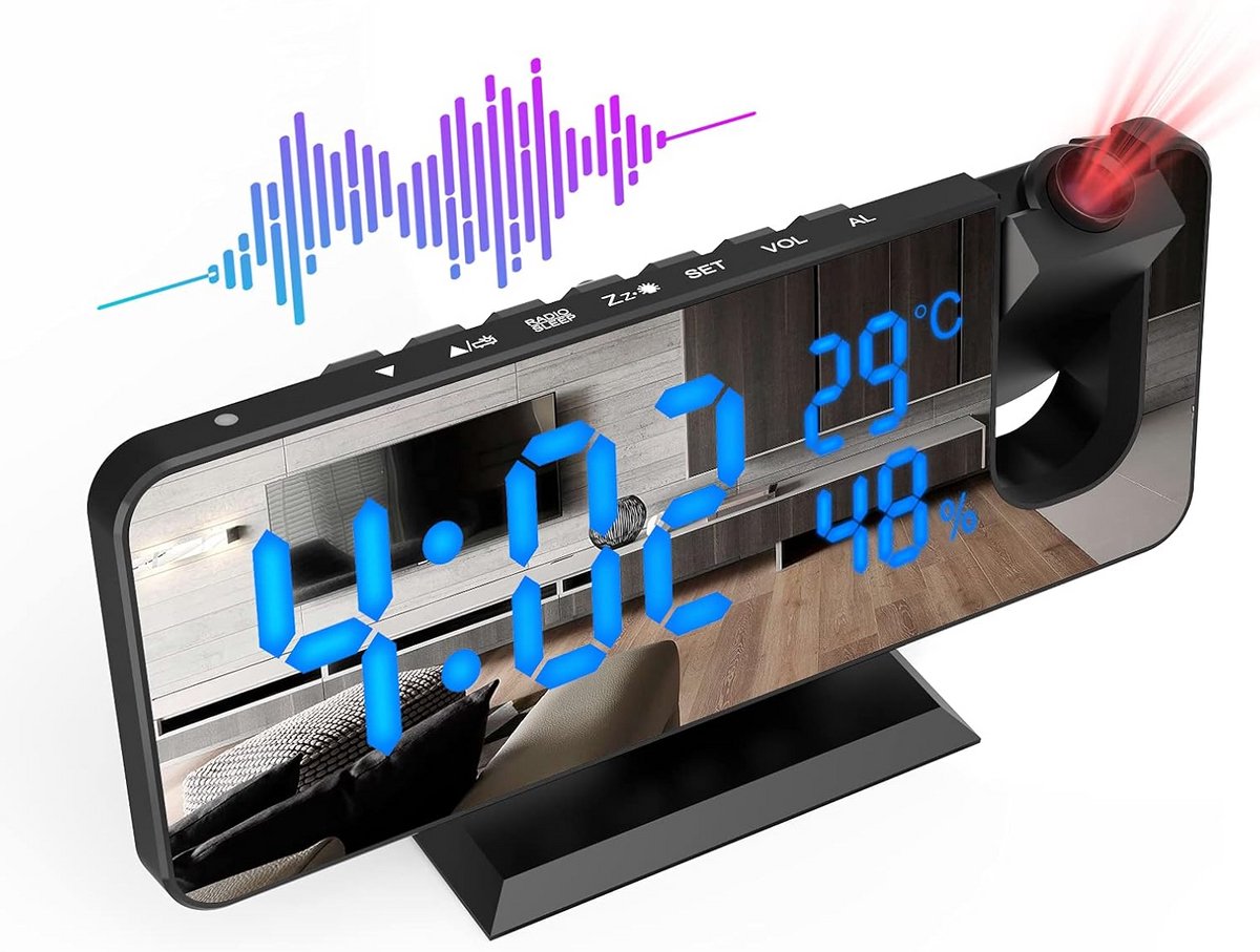 Digitale Projectiewekker met Radio, USB-oplader, Temperatuur & Luchtvochtigheid