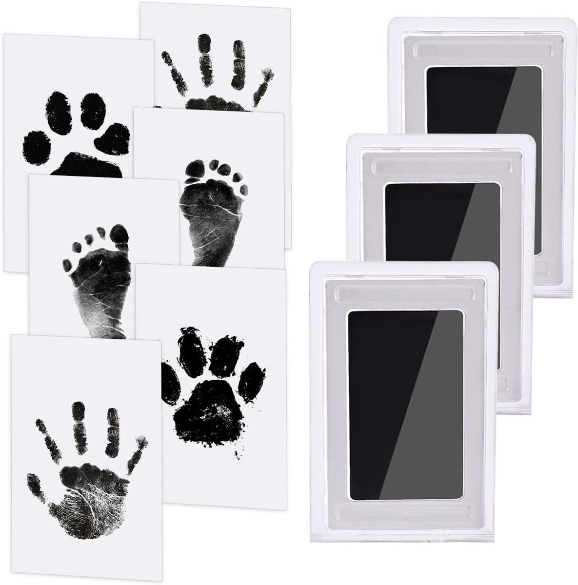Stempelset met hand- en voetafdrukken (zonder inkt), perfect voor familiefoto's, dierbare herinneringen en geschikt voor baby's van 0-1 jaar of kleine huisdieren (inclusief 3 stempelkussens en 6 stempelkaarten).