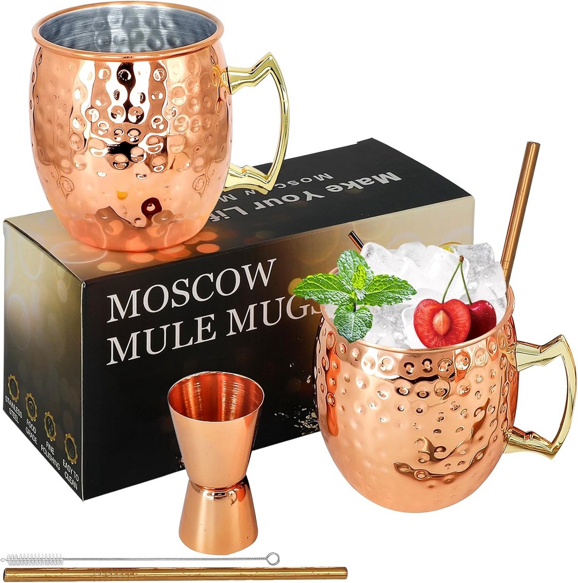 Set van 2 Koperen Mokken voor Moscow Mule - 18 Oz Gehamerd Roestvrij Staal