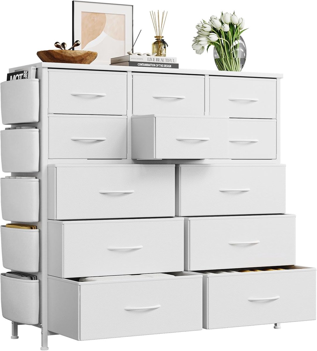 ladekast staal - 12 lades - stof - slaapkamer - bijzetkast - 100x30x110CM - wit