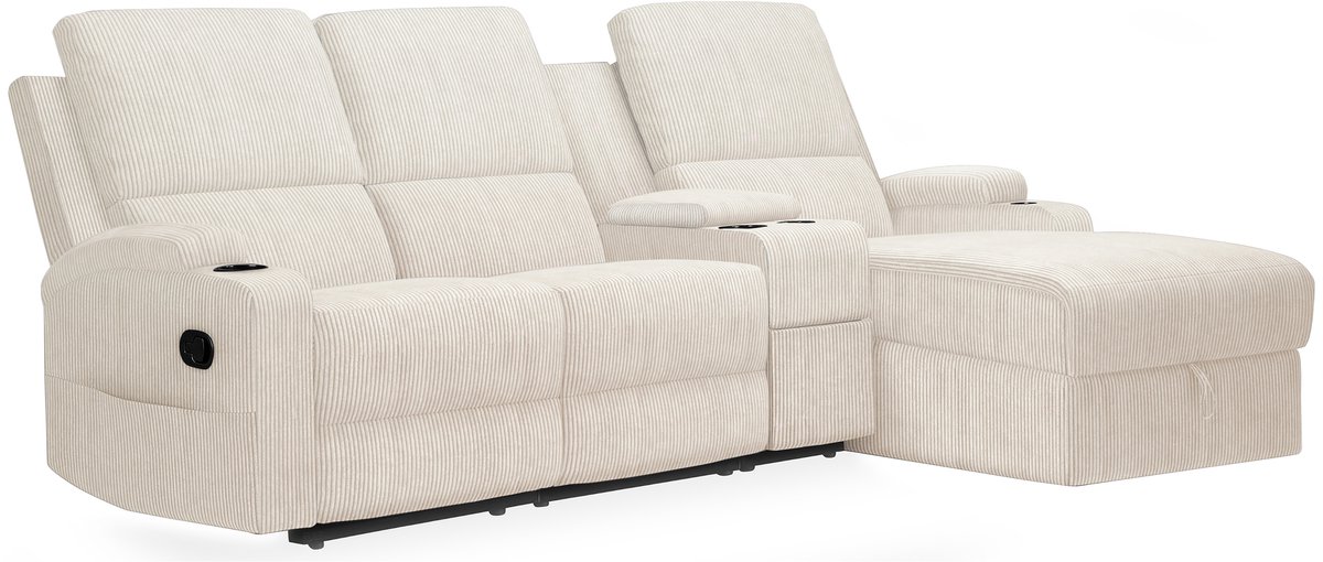 Notio Living DALLAS-Sofa 3-zitter met opbergchaise rechts manuel relaxstoel in cordury crème Wit