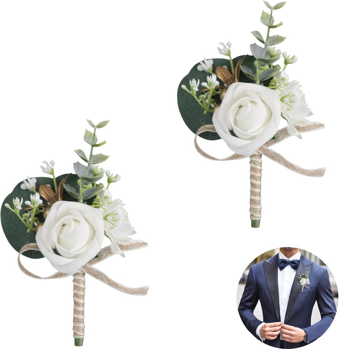 Kunstmatige Rozen Boutonniere - Set van 2 voor Bruiloft en Feestdecoratie