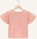 Perzikkleurige kanten blouse met wijde, korte mouwen, ronde hals en decoratieve rand.