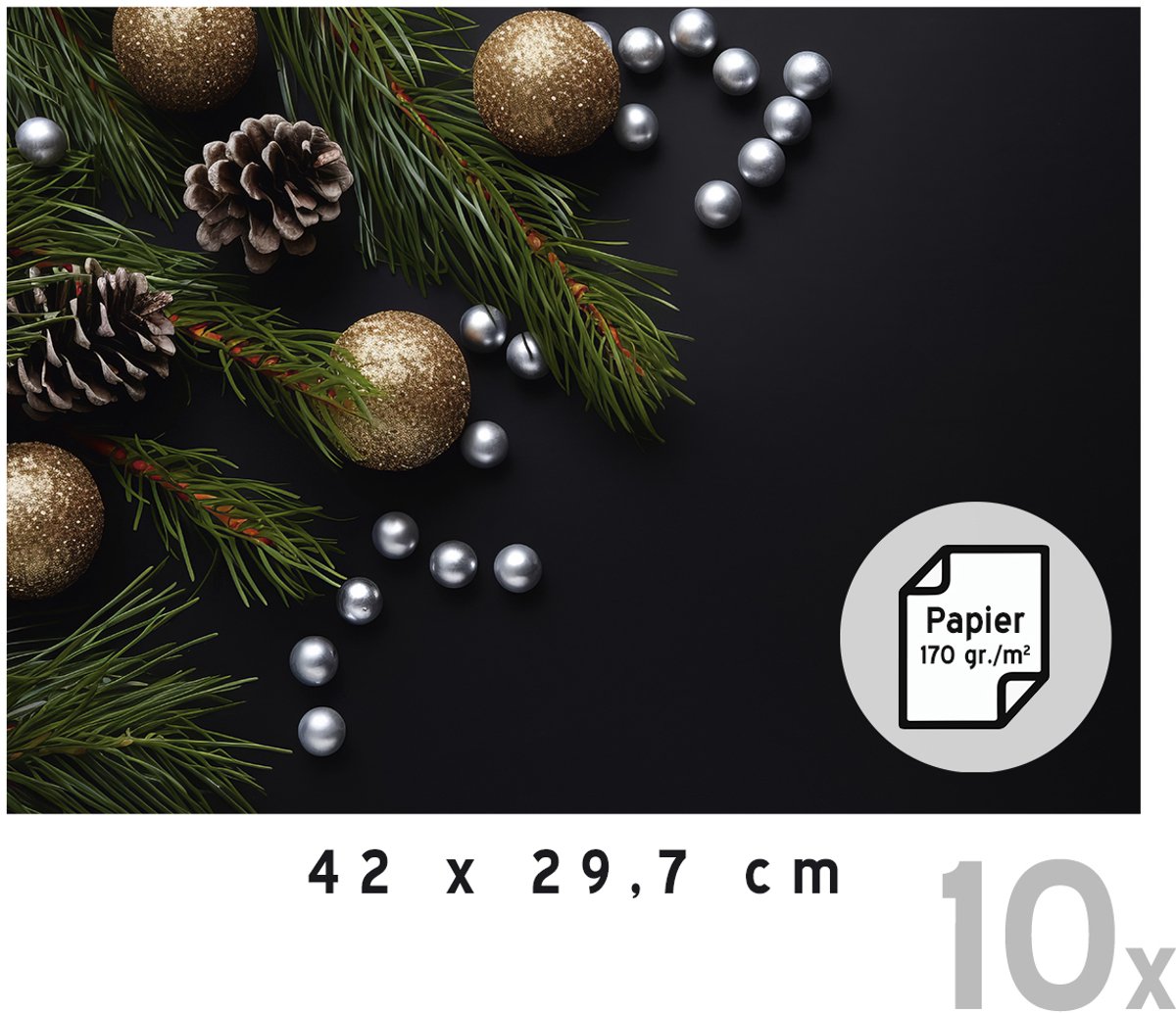 Placemats Kerst Deluxe (10x) | 42 x 29,7 cm | Kerstdecoratie | Onderlegger | Papier 170 gr./m² | Kerstavond | Eettafel | Tafeldecoratie | Zwart | Placemat | Stijlvol | Rechthoek | 10 stuks