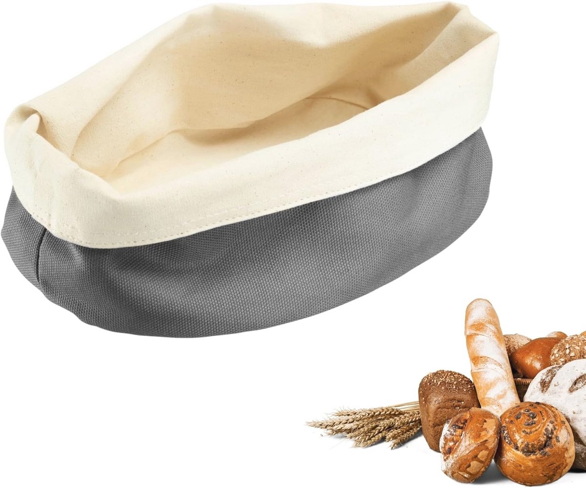 Ovalen Broodzak - Stoffen Broodmand voor Brood, Bolletjes, Gebak & Fruit - Moderne Broodopslag van Katoen - Antraciet/Beige, 25 x 18 cm