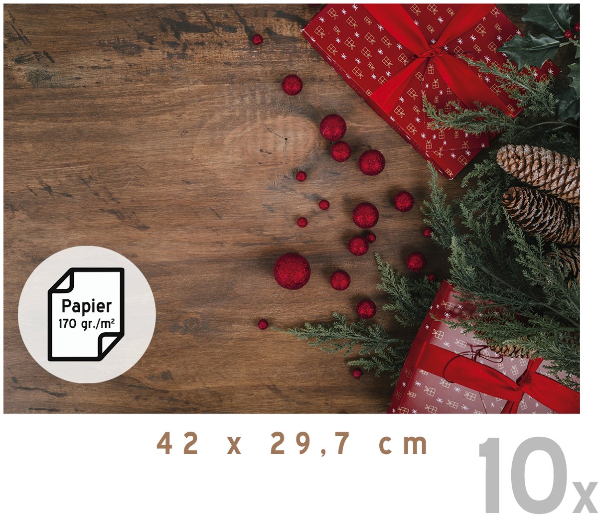 Placemats Kerst Deluxe (10x) | 42 x 29,7 cm | Kerstdecoratie | Onderlegger | Papier 170 gr./m² | Kerstavond | Eettafel | Tafeldecoratie | Hout | Placemat | Design | Rechthoek | 10 stuks