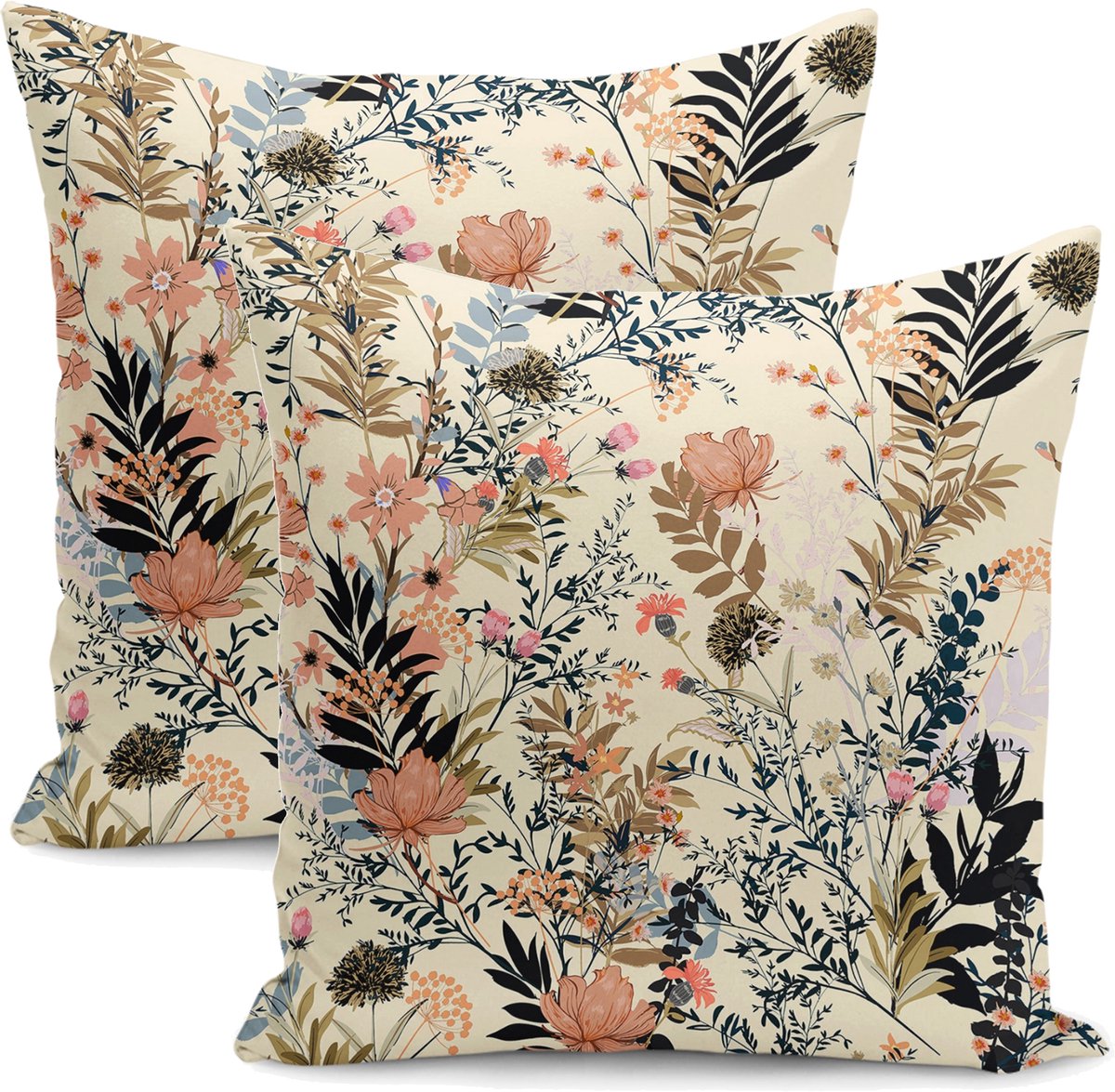 De Groen Home BLOEM - 45x45 cm - Sierkussen velvet set van 2 - Bloemen op Beige Crème - Inclusief binnenkussen