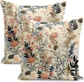 De Groen Home BLOEM - 45x45 cm - Sierkussen velvet set van 2 - Bloemen op Beige Crème - Inclusief binnenkussen