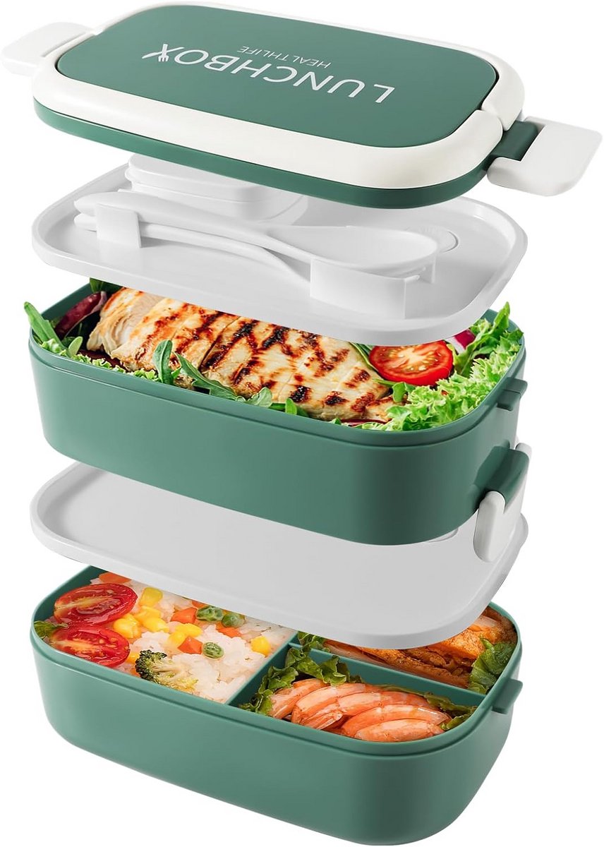 Stapelbare Bento Lunchbox 1500ml met 4 Vakken en Bestek - Lekvrij & Magnetronbestendig