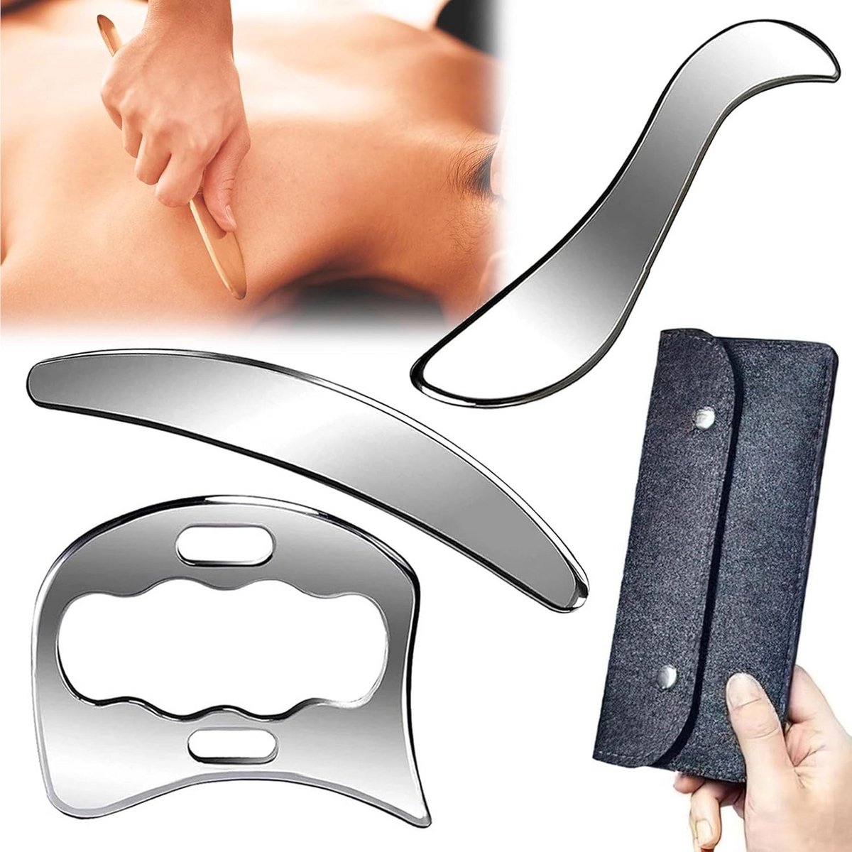 Professionele Gua Sha Set Roestvrij Staal 3-in-1 voor Lichaamsmassage en Cellulite