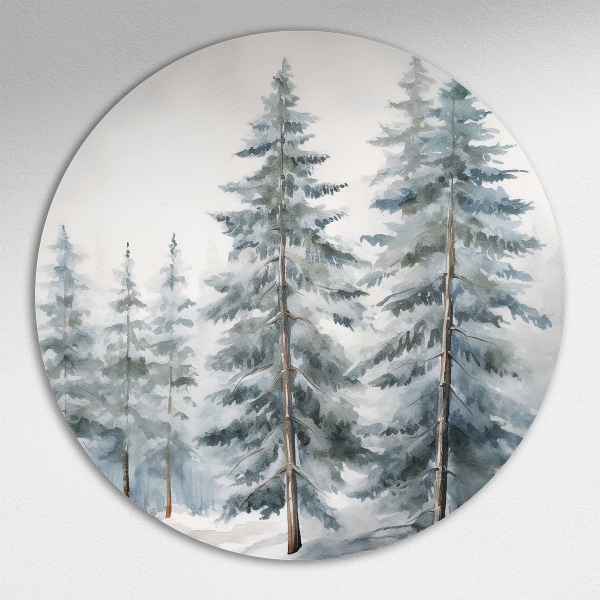 Winterse Dennen in Waterverf Muurcirkel - Luxe Muurcirkel 60x60 cm op Dibond - Sfeervolle Wanddecoratie voor Woonkamer & Slaapkamer